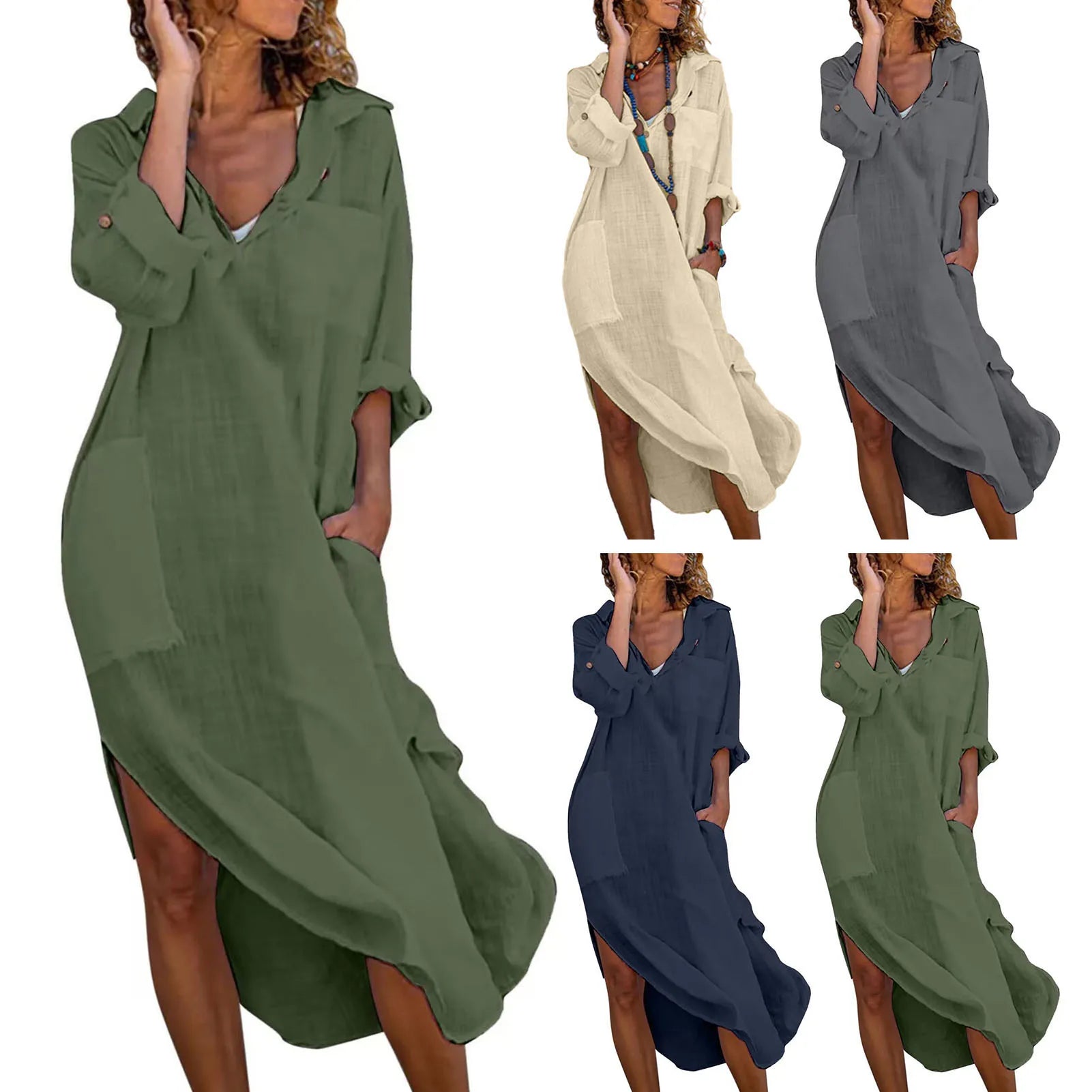 Oversized Linen Cotton Midi Shirt Dress