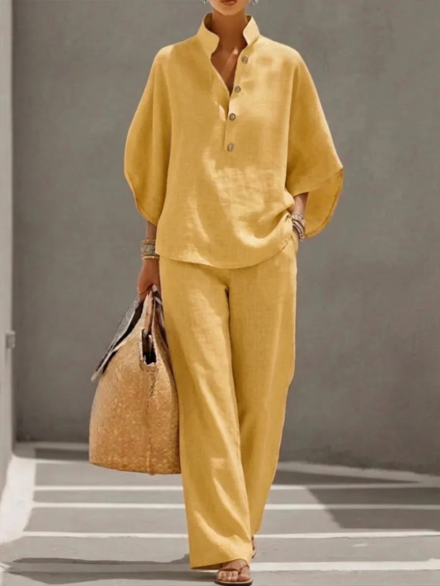 Cotton Linen Stand Collar Pant Set