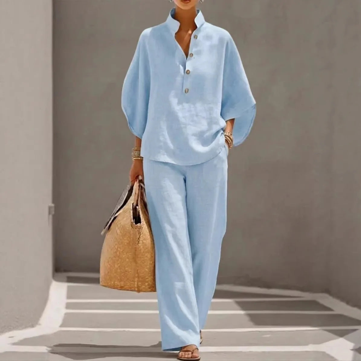 Cotton Linen Stand Collar Pant Set