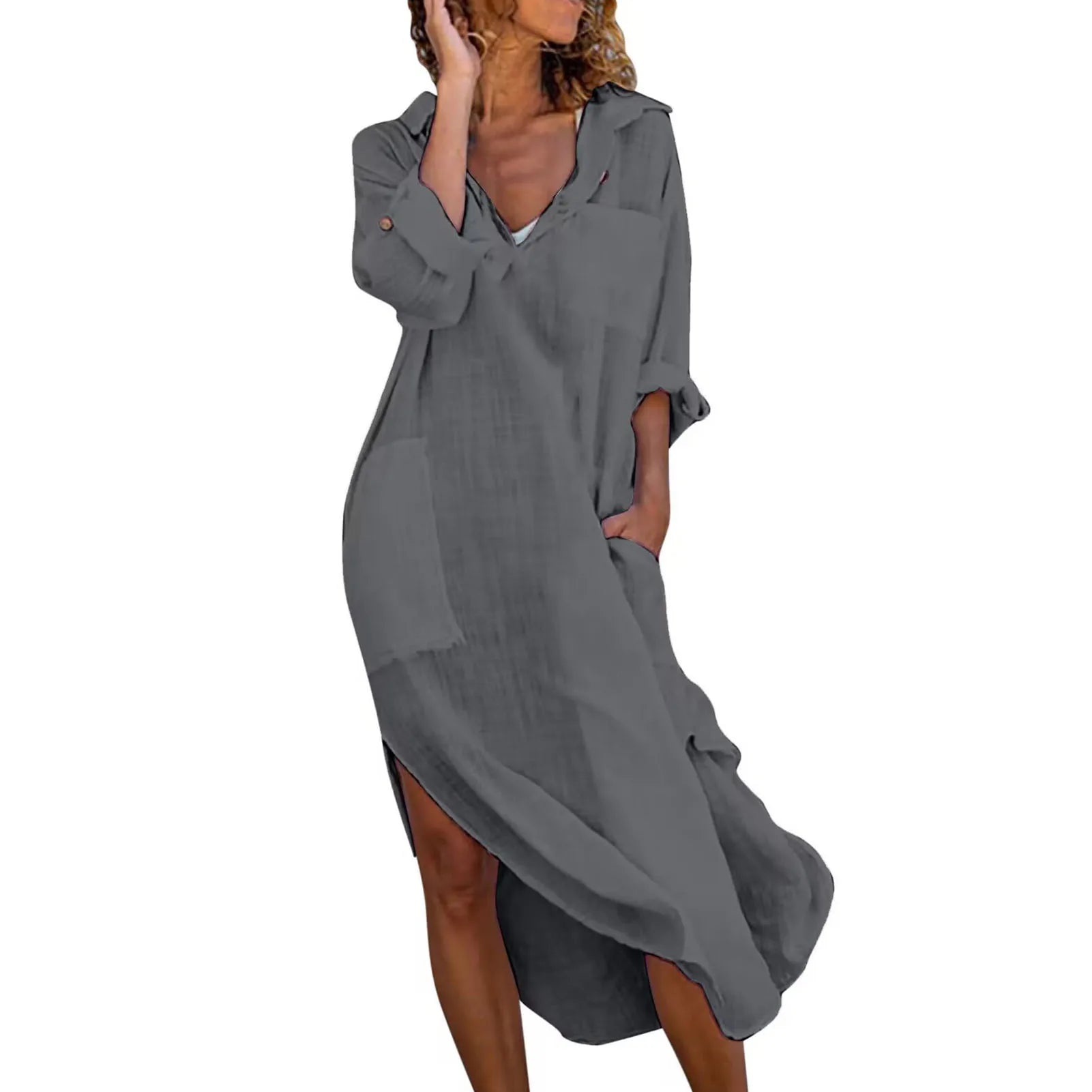 Oversized Linen Cotton Midi Shirt Dress