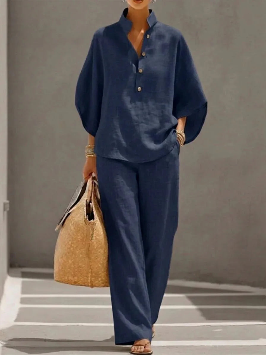 Cotton Linen Stand Collar Pant Set