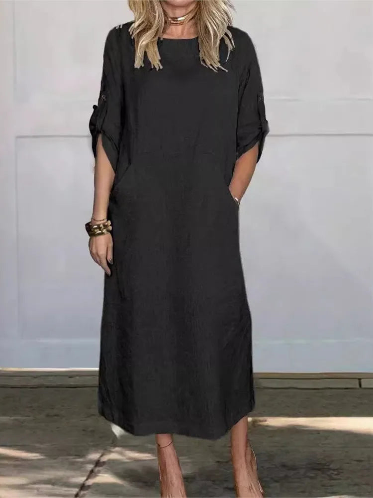 Casual Cotton Linen Pocket Maxi Dress