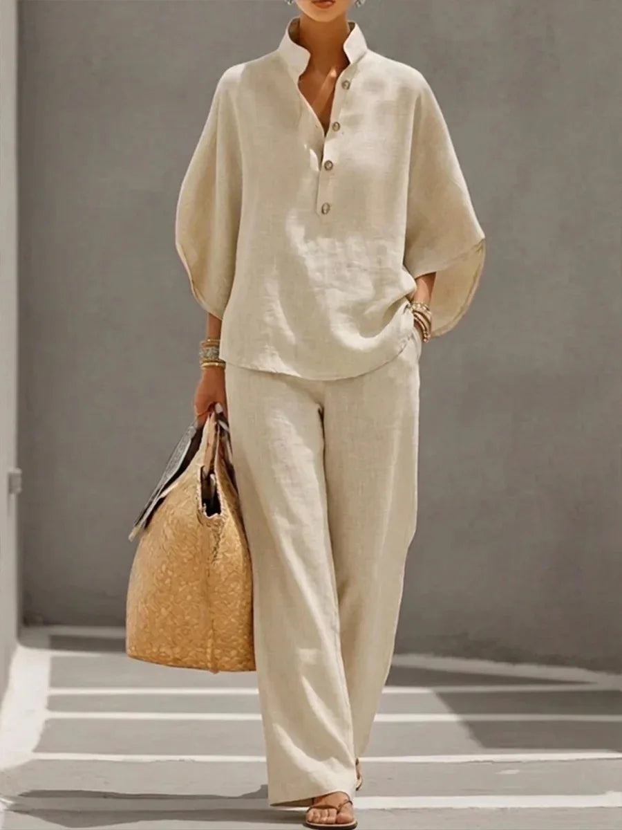 Cotton Linen Stand Collar Pant Set