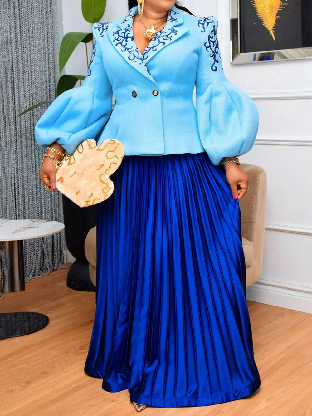 Printed Long Sleeve Top & Pleated Skirt Set