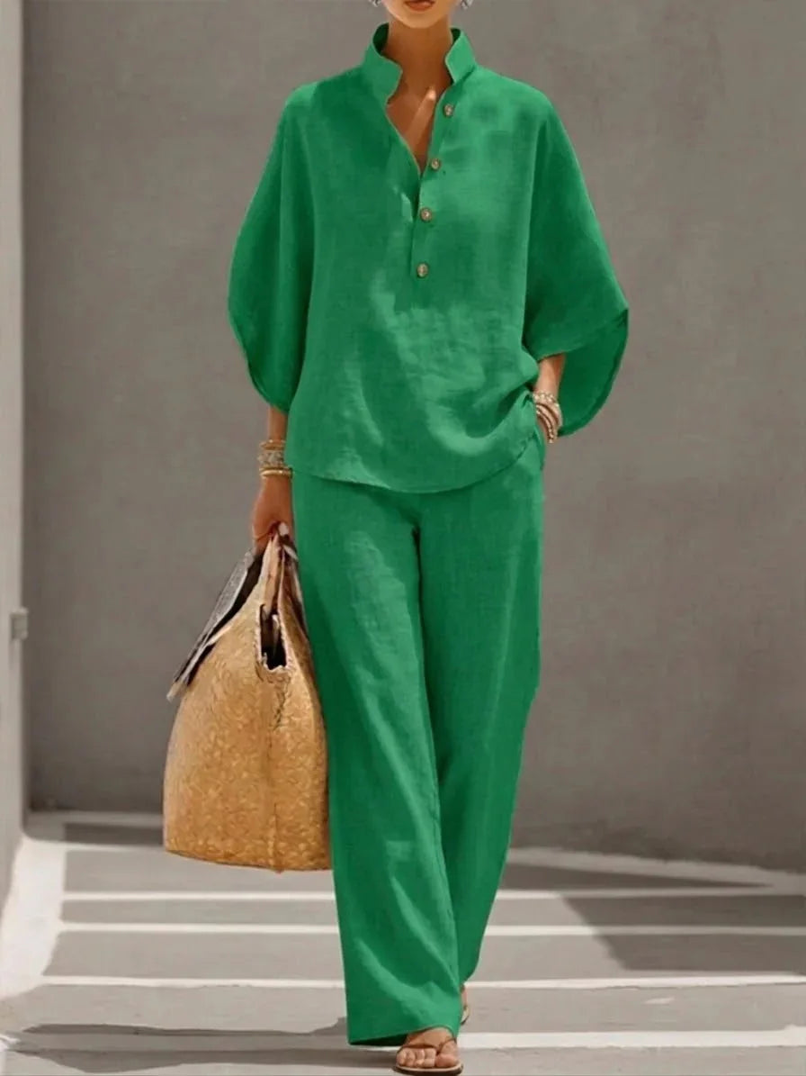 Cotton Linen Stand Collar Pant Set