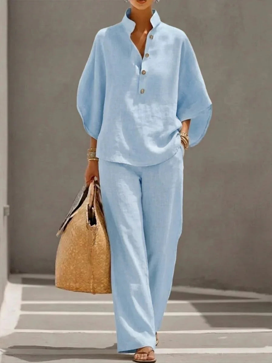 Cotton Linen Stand Collar Pant Set
