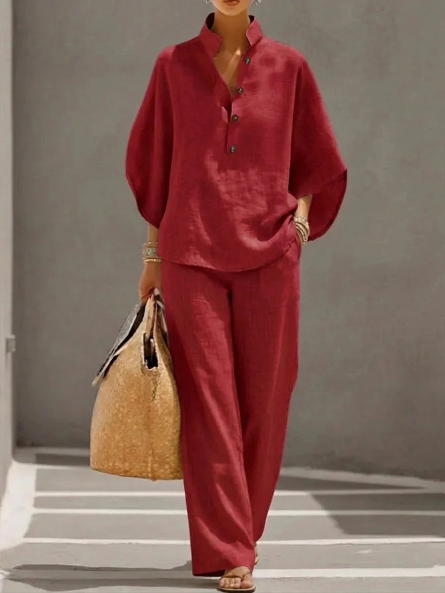 Cotton Linen Stand Collar Pant Set