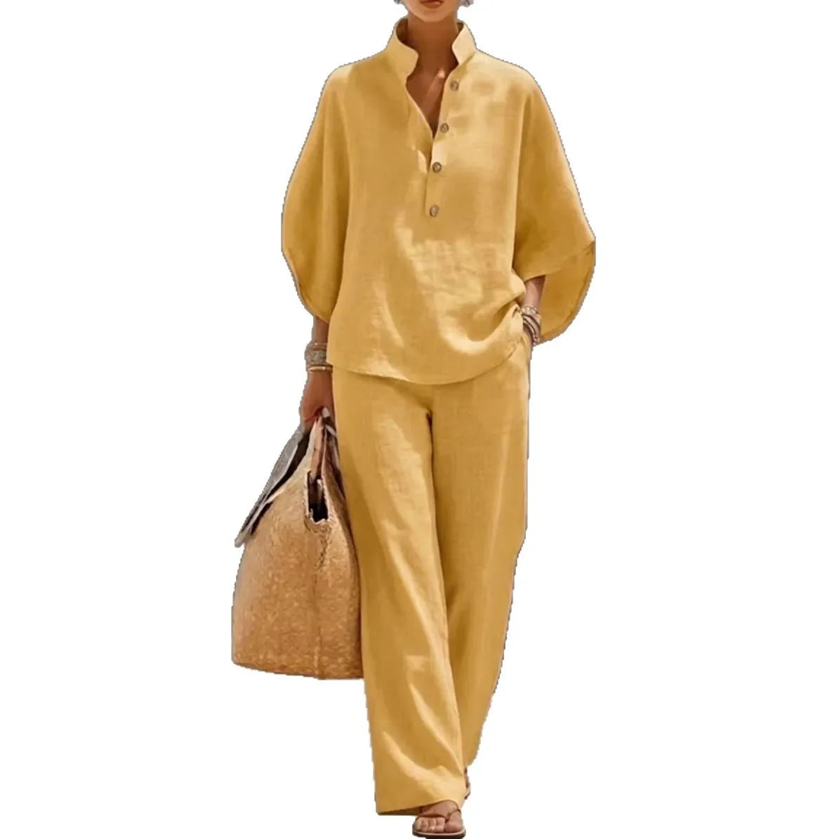 Cotton Linen Stand Collar Pant Set