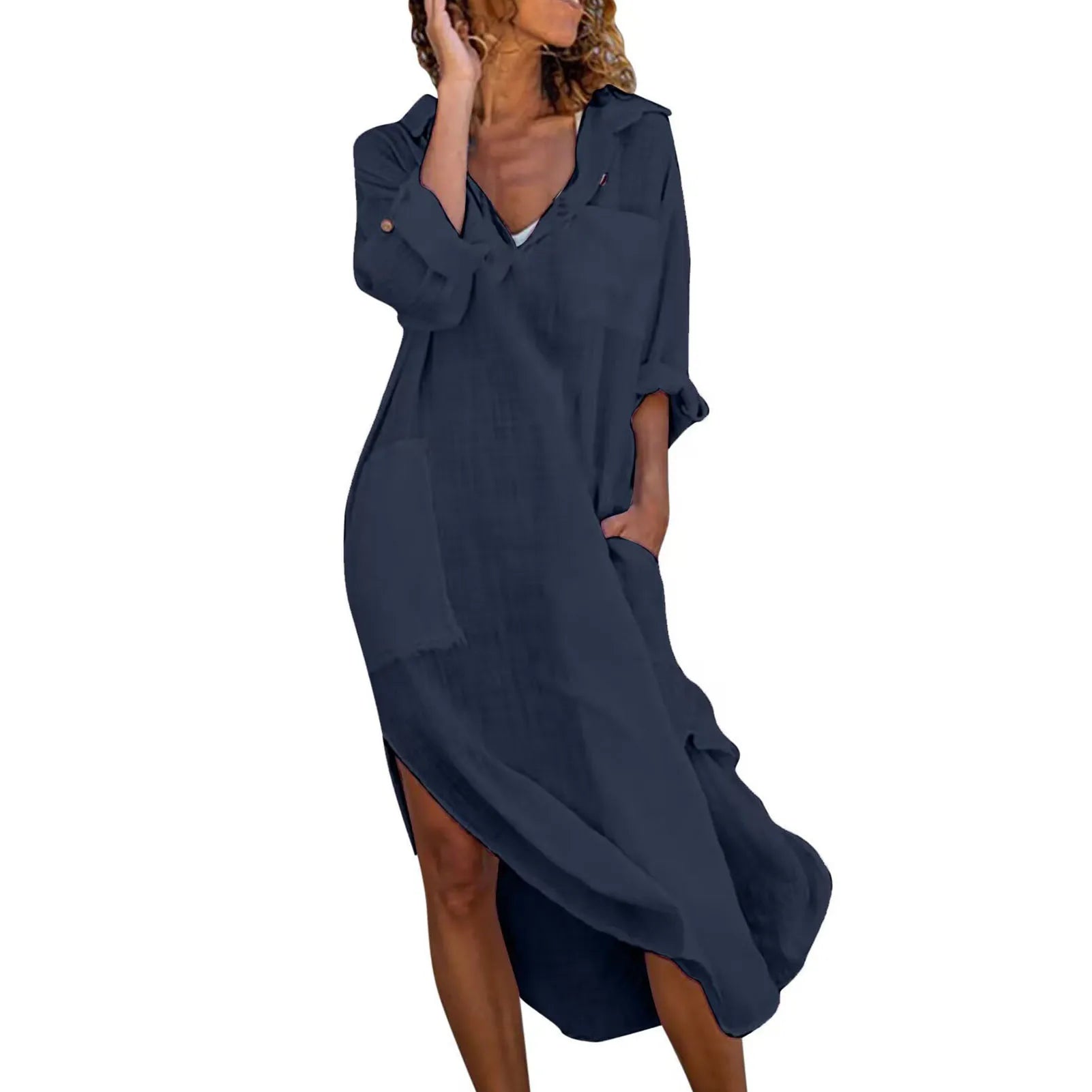 Oversized Linen Cotton Midi Shirt Dress