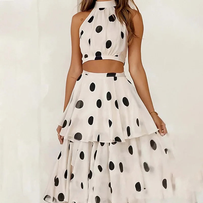 Polka Dot Halter Top & Midi Skirt Set