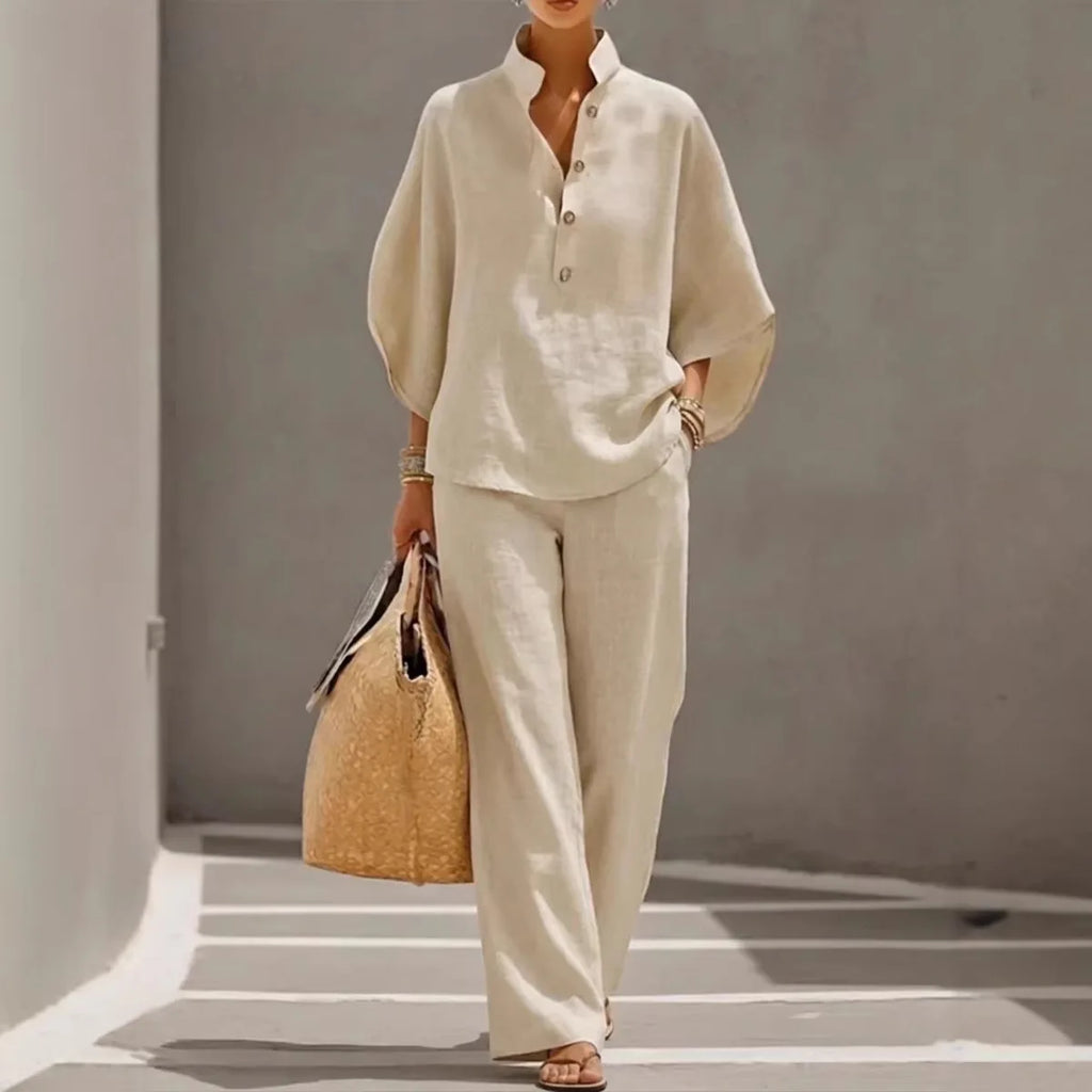 Cotton Linen Stand Collar Pant Set