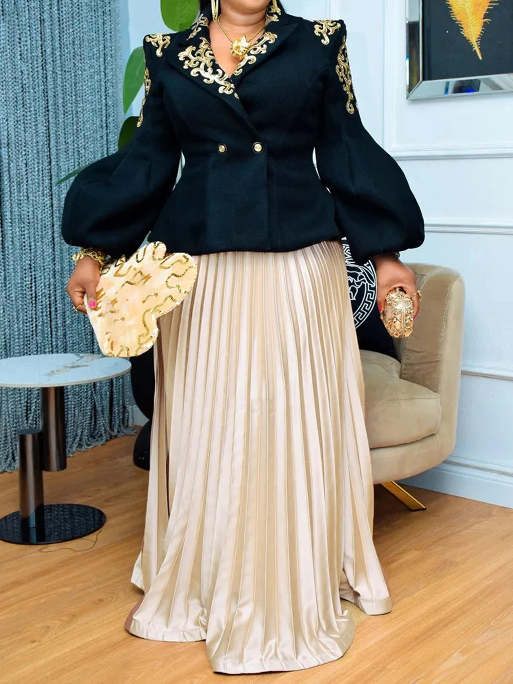 Printed Long Sleeve Top & Pleated Skirt Set