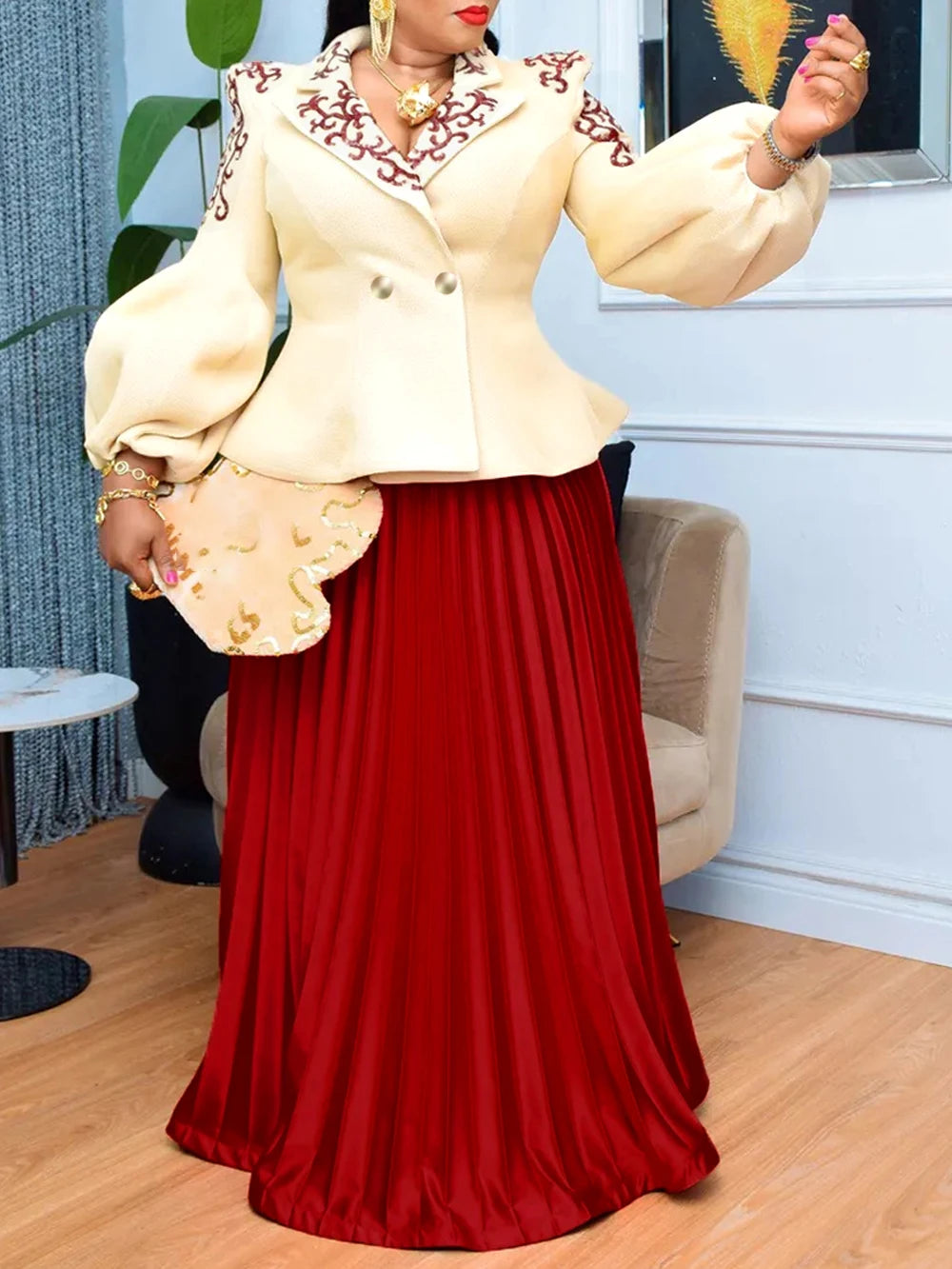 Printed Long Sleeve Top & Pleated Skirt Set