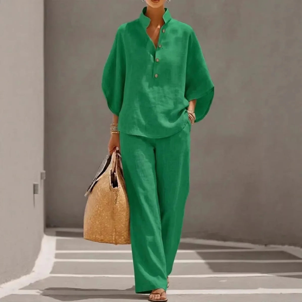 Cotton Linen Stand Collar Pant Set