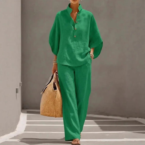 Cotton Linen Stand Collar Pant Set