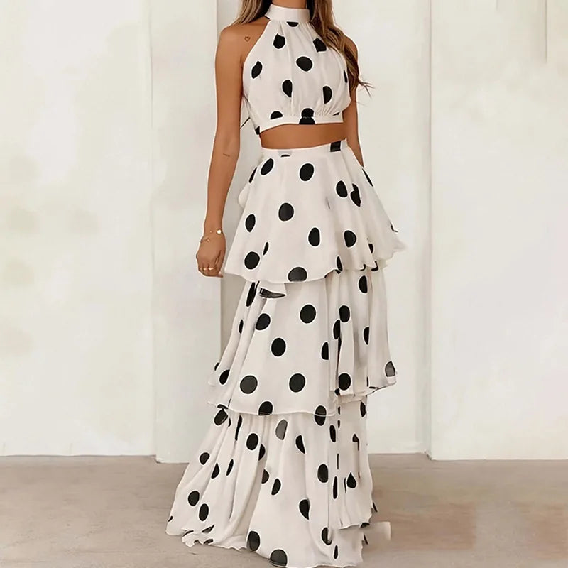 Polka Dot Halter Top & Midi Skirt Set