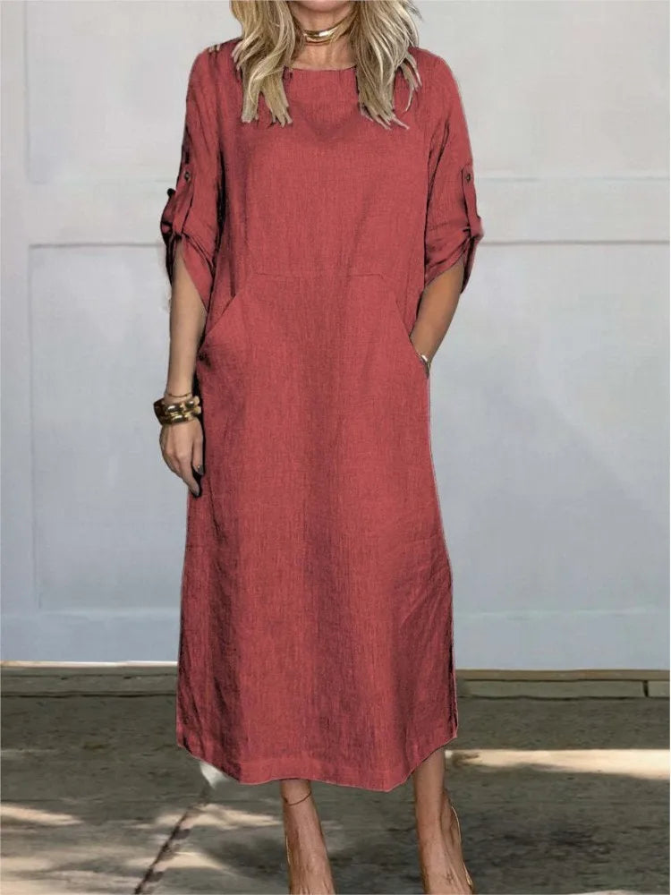 Casual Cotton Linen Pocket Maxi Dress